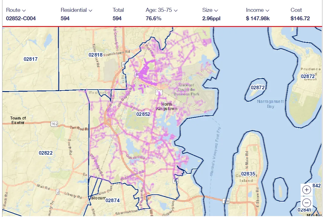 USPS carrier route 02852-C004 map