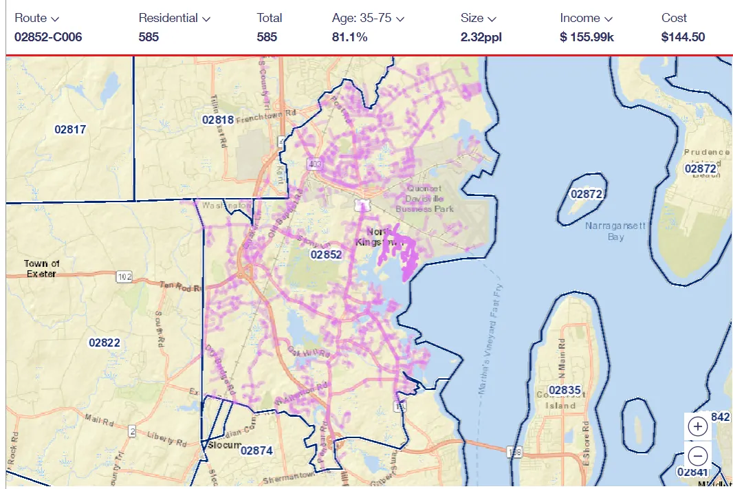 USPS carrier route 02852-C006 map