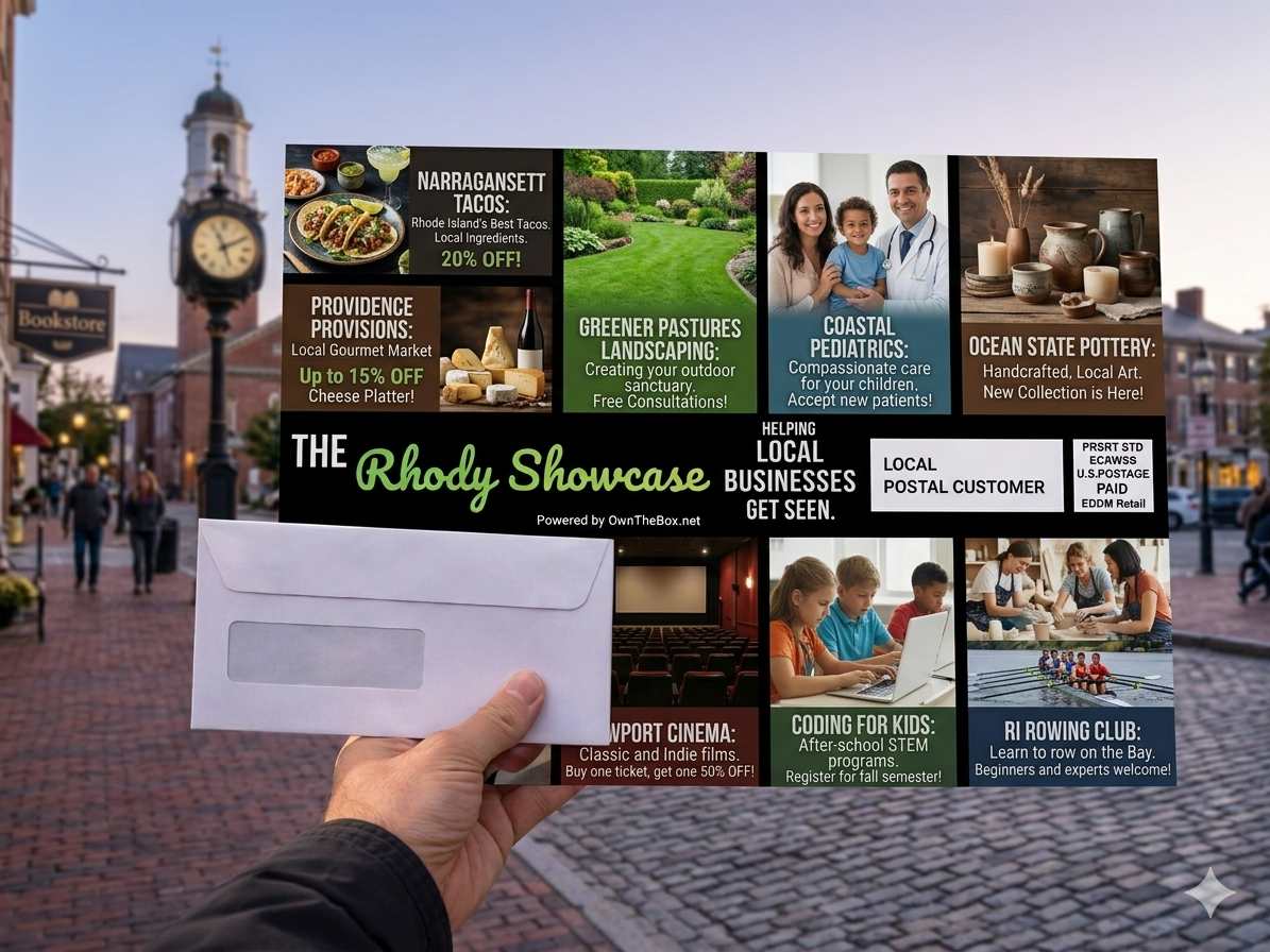 The Rhody Showcase postcard mockup in Newport, Rhode Island